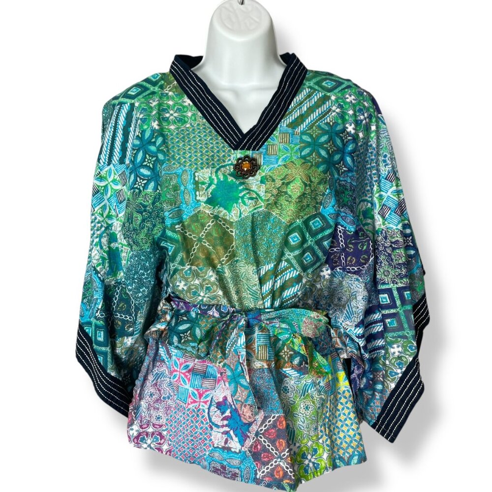 Handmade Top Kimono Sleeve Tie Waist Patchwork Print Colorful Green‎ Blue V-Neck